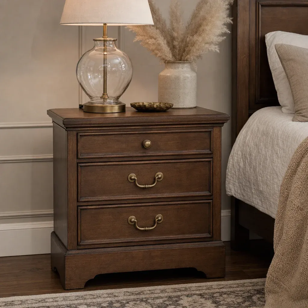 A detailed shot of a brown wooden nightstand with brass hardware, a glass lamp, and a vase of pampas grass