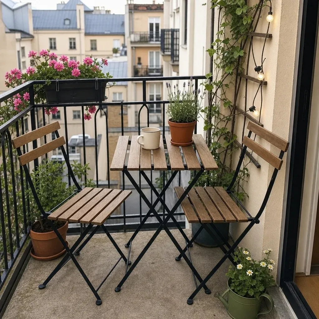 Space-saving folding bistro set on a cozy city balcony