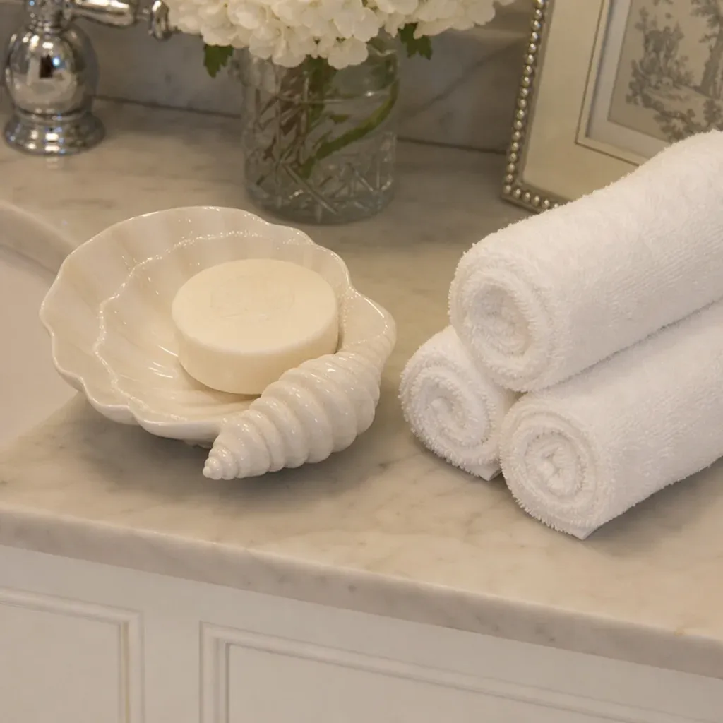 A close-up of a neat vanity counter featuring a high-end porcelain seashell soap dish and rolled white washcloths