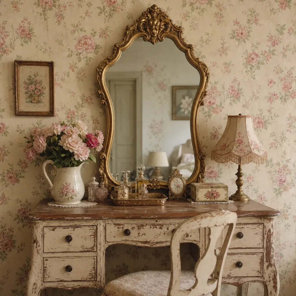 A charming vintage vanity area featuring a distressed wood table and a large, ornate gold mirror on a floral wallpaper background