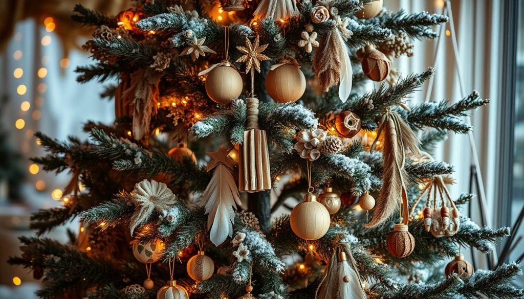 boho Christmas tree with natural and organic ornaments
