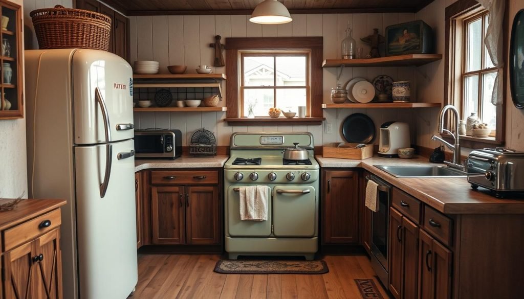 vintage appliances in a small farmhouse kitchen